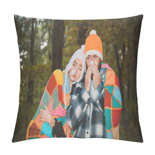 Personality  Showing Sick Couple Sneezing At Autumn Park. Girl With Handkerchief And Sneezing Boy In Autumn Park. Sick Couple Catch Cold. Sick Couple Are Trying To Sneeze In The Napkin. Stop The Flu Epidemy Pillow Covers