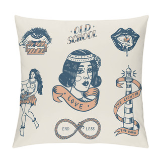 Personality  Set Of Vintage Old School Tattoo. Characters Playing Cards, Hawaiian Hula Dancer Woman, Lips And Lighthouse, Panther, Dice And Snake. Engraved Hand Drawn Sketch. Badges, Print Or Patches For T-shirt.  Pillow Covers