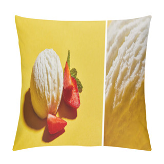 Personality  Collage Of Fresh Tasty Ice Cream Ball With Mint Leaves And Strawberry On Yellow Background Pillow Covers