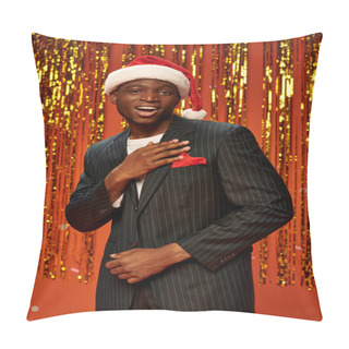 Personality  Flirty African American Man In Elegant Suit And Santa Cap Looking At Camera Near Golden Tinsel Pillow Covers