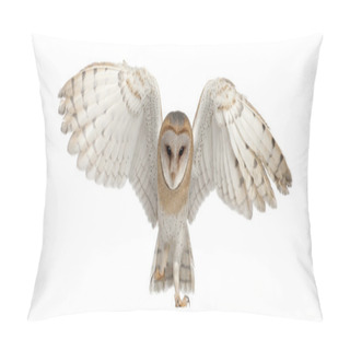 Personality  Barn Owl, Tyto Alba, 4 Months Old, Portrait Flying Against White Background Pillow Covers