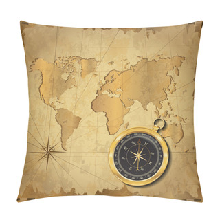 Personality  Gold Compass On Vintage Map Pillow Covers