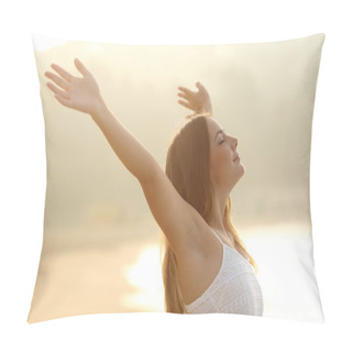 Personality  Relaxed Woman Breathing Fresh Air Raising Arms At Sunrise Pillow Covers