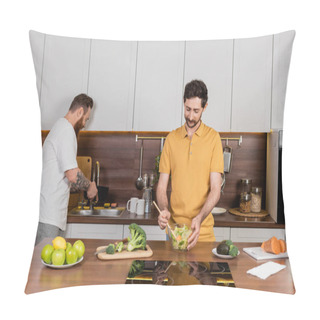 Personality  Gay Man Cooking Salad Near Partner And Food In Kitchen  Pillow Covers
