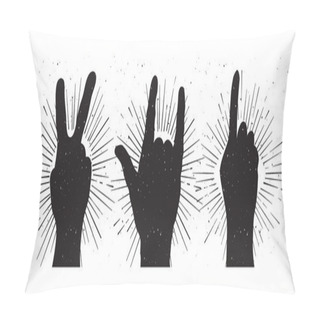 Personality  Grunge Hand Sign Silhouettes: Peace, Rock And Indication Pillow Covers
