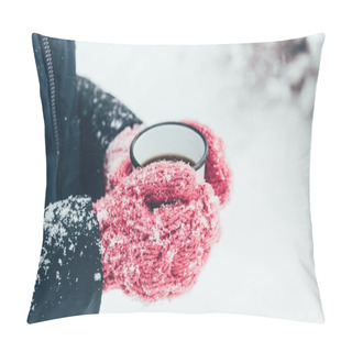 Personality  Cropped Shot Of Woman Holding Cup Of Tea In Hands On Winter Day Pillow Covers