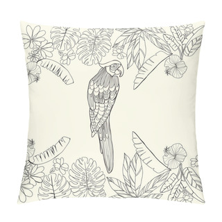Personality  Hand Drawn  BackgroundTropical Parrot And Flowers, Leaves  Pillow Covers