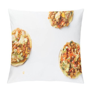 Personality  Hot Spicy Mexican Tacos With Chili Con Carne And Grated Cheese  Isolated On White Background, Top View  Pillow Covers