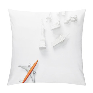 Personality  Top View Of Small Plane Near Figurines From Different Countries Isolated On White  Pillow Covers