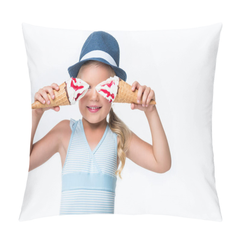 Personality  child in swimsuit with ice cream    pillow covers