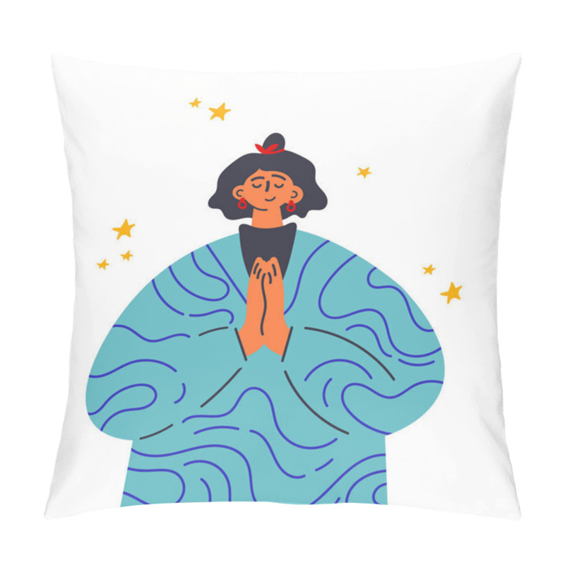 Personality  Woman clasped her hands in request.Gesture language.Woman show prayer gesture.Happy girl in dress with pattern stand in front.Flat vector illustration.Colorful cartoon characters. pillow covers