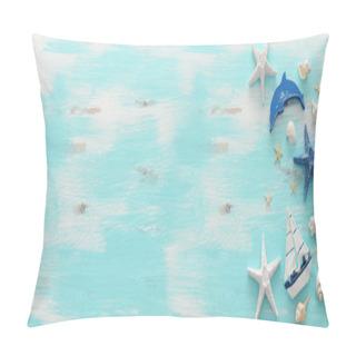 Personality  Vacation And Summer Concept With Vintage Boat, Starfish And Seashells Over Pastel Blue Wooden Background. Top View Flat Lay Pillow Covers