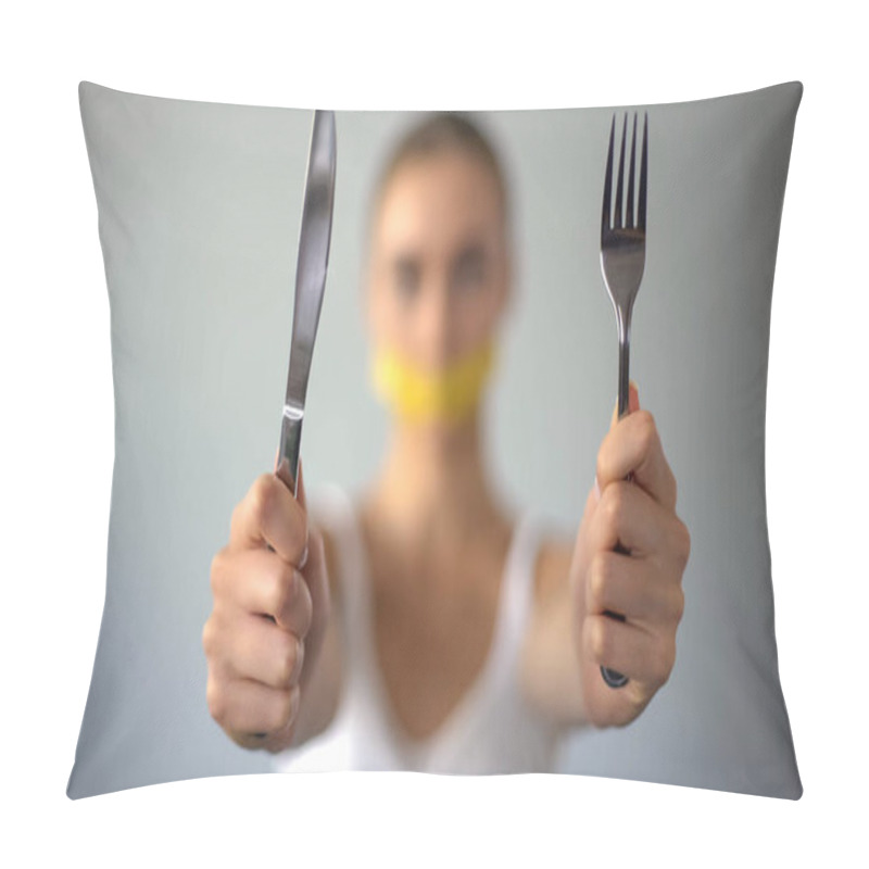 Personality  Girl Holding Fork And Knife, Mouth Closed With Tape, Food Restriction, Dieting Pillow Covers