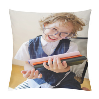 Personality  Disheveled Little Schoolboy Holding A Stack Of Textbooks And Smiles. Pillow Covers