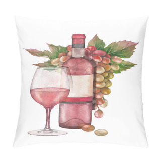 Personality  Watercolor Glass Of Rose Wine, Bottle And Bunch Of White And Red Grapes Pillow Covers