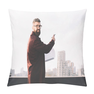 Personality  Smiling Adult Male Architect In Glasses Holding Blueprint On Rooftop Pillow Covers