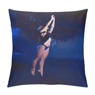 Personality  Sexy Woman With Lace Mask And Black Angel Wings Jumping On Dark Blue Background Pillow Covers