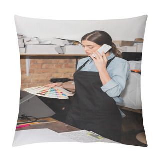 Personality  Typographer In Apron Looking At Color Samples While Having Phone Call In Print Center  Pillow Covers