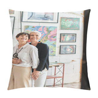 Personality  Joyful And Elegant Lesbian Artists Embracing And Looking Away In Modern Art Workshop, Togetherness Pillow Covers