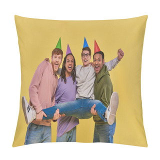 Personality  Four Cheerful Men In Birthday Hats Smiling At Camera And Holding One Of Them On Hands, Birthday Pillow Covers