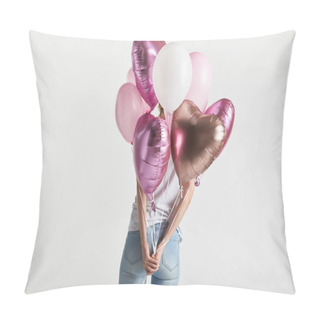 Personality  Back View Of Girl In Denim Holding Heart-shaped Pink Air Balloons Isolated On White Pillow Covers