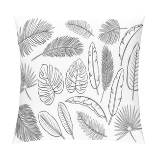 Personality  Set Of Black And White Tropical Leaves And Feathers Set On White Background, Vector Sketch Outline Illustration Pillow Covers