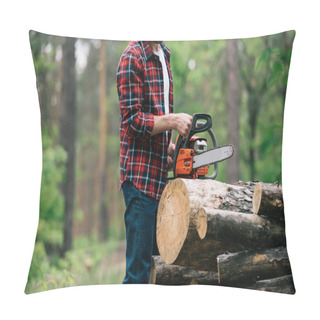 Personality  Cropped View Of Lumberjack Cutting Round Timbers With Chainsaw In Forest Pillow Covers