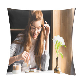 Personality  Cheerful Woman Eating Cake With Coffee In Cafe With Flowers In Vase  Pillow Covers