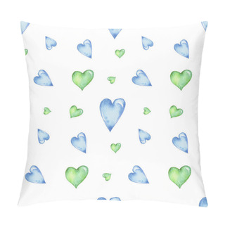 Personality  Seamless Pattern With Green And Blue Hearts; Watercolor Hand Draw Illustration; With White Isolated Background Pillow Covers