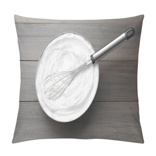 Personality  White Cream With Balloon Whisk On Grey Wooden Table, Top View Pillow Covers