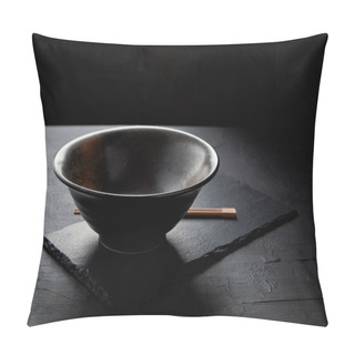 Personality  Close-up View Of Empty Bowl And Chopsticks On Black Slate Board Pillow Covers