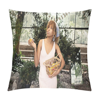 Personality  Stylish Young African American Woman In Headscarf And Summer Dress Holding Basket And Fresh Lemon While Looking Away In Blurred Indoor Garden, Trendy Woman With Tropical Flair, Summer Concept Pillow Covers