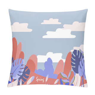 Personality  Spring And Summer Environment Background Or Banner Design With Lovely Flowers, Leaves, Mountain, Landscape And Sky Element. EPS10 Vector Illustration. Pillow Covers