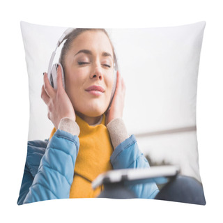 Personality  Beautiful Woman In Headphones Listening Music  Pillow Covers
