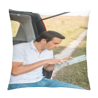 Personality  Attractive Man Sitting In Car Trunk And Navigating With Map In Field Pillow Covers
