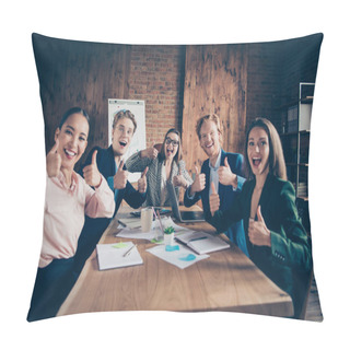 Personality  Close Up Photo Glad She Her He Him His All Dressed In Formal Wear Jackets And Shirts Holding Hands Like Alright Symbol Smiling Accepting Employee Team Sitting Office Interview Cool Good Job Invitation Pillow Covers
