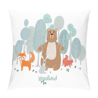 Personality  Cute Animals On The Background Of The Forest, Trees, Plants. Bear, Fox, Squirrel, Hare. Forest Animals. Pillow Covers