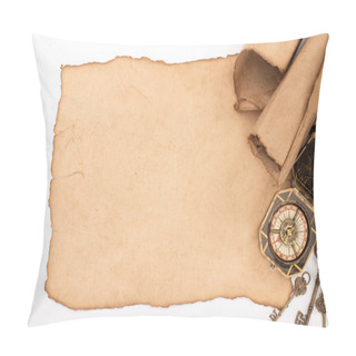 Personality  Top View Of Vintage Blank And Rolled Paper, Keys And Compass Isolated On White Pillow Covers