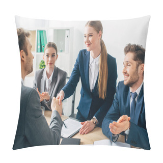 Personality  Selective Focus Of Smiling Recruiter Shaking Hands With Employee Near Colleagues Clapping At Table  Pillow Covers