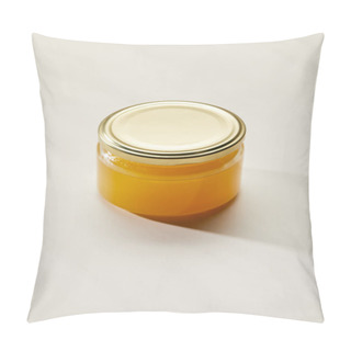 Personality  Close Up View Of Sweet Organic Honey In Glass Jar On White Surface Pillow Covers