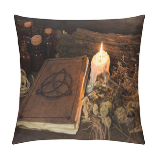 Personality  Set Of Objects For Witchcraft Rituals, On Rustic Wood Pillow Covers
