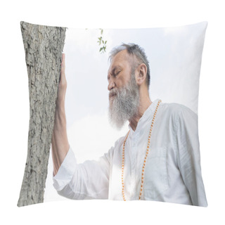 Personality  Bearded Guru Master In White Shirt And Beads Touching Tree Trunk While Meditating Outdoors Pillow Covers