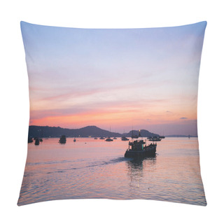 Personality  Fishing Trawler On The Water And Dramatic Clouds At Sunrise Pillow Covers