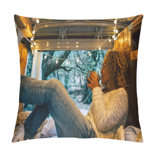 Personality  Relaxed Adult Woman Inside A Vintage Wooden Van Enjoy The Nature Outdoor And The Travel Lifestyle Pillow Covers