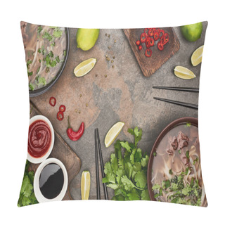 Personality  Top View Of Pho In Bowls Near Chopsticks, Lime, Chili And Soy Sauces And Coriander On Stone Background Pillow Covers