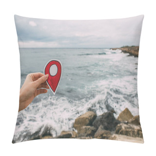 Personality  Cropped View Of Woman Holding Red Paper As Location Sign Near Mediterranean Sea Pillow Covers