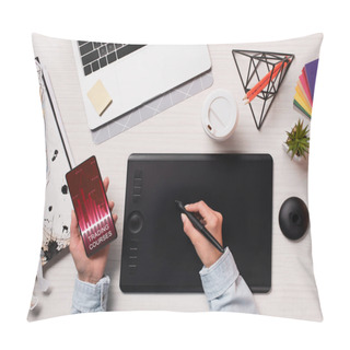 Personality  Cropped View Of Designer Using Graphics Tablet, Pen And Smartphone With Marketing App On Screen, Flat Lay Pillow Covers