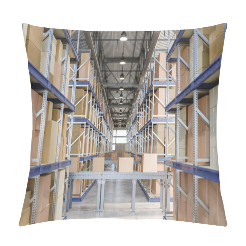 Personality  Metal Conveyor With Parcels Located Near Shelves With Carton Boxes In Spacious Contemporary Storehouse. 3d Render Pillow Covers