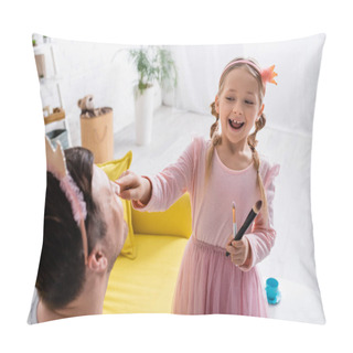 Personality  Excited Girl In Toy Crown Doing Makeup To Dad On Blurred Foreground Pillow Covers