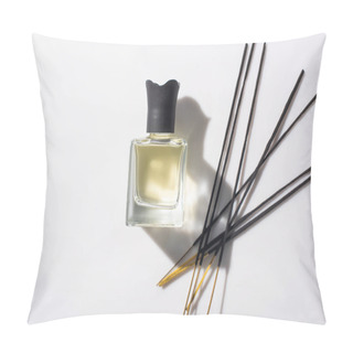 Personality  Top View Of Aroma Sticks Near Perfume In Bottle On White Background Pillow Covers